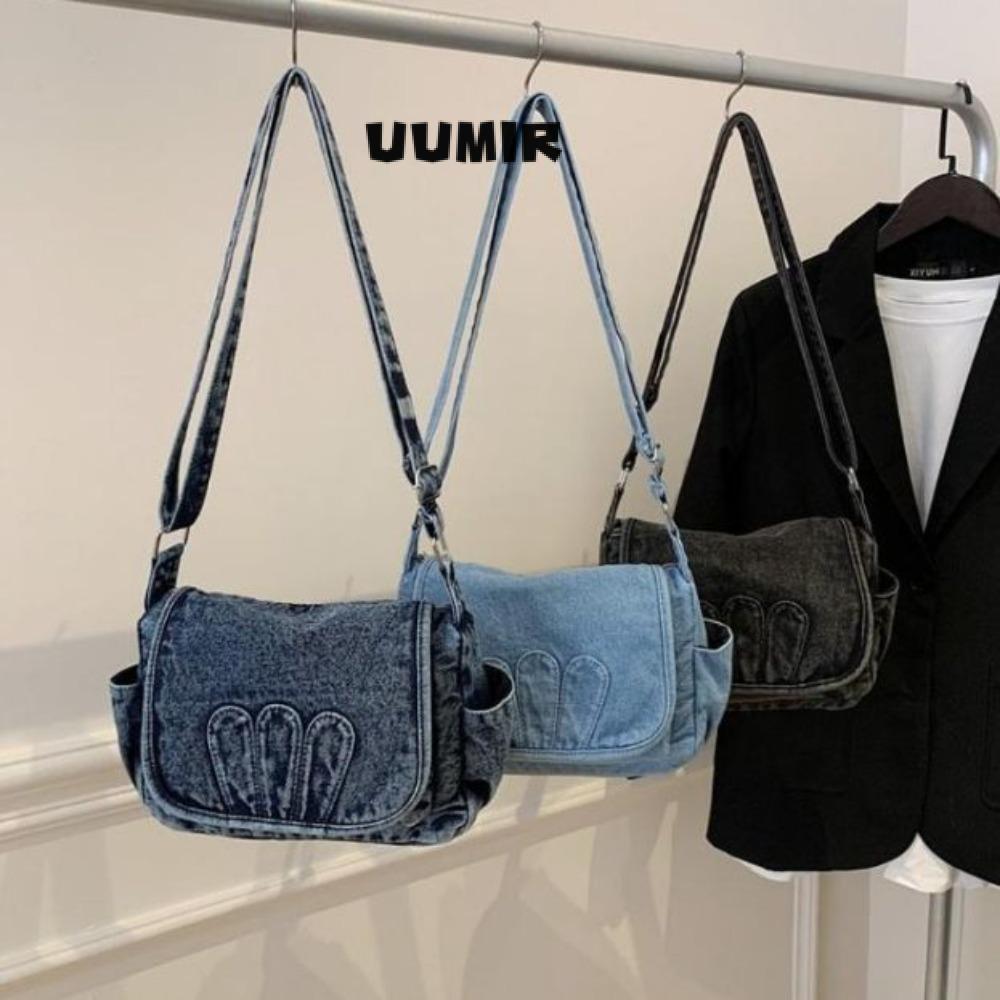 UUMIR Crossbody Messenger Bag, All-Match Multi-Functional Denim Bag, Retro Style Flip Cover ทนทานกระเป๋าสะพายชุดลําลอง