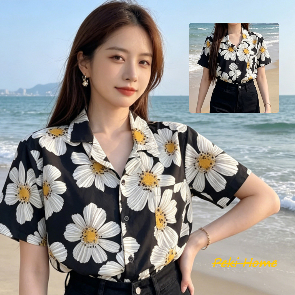 เสื้อเชิ้ตผู้หญิงลายดอกเดซี่ สไตล์วินเทจ อเมริกัน แขนสั้น