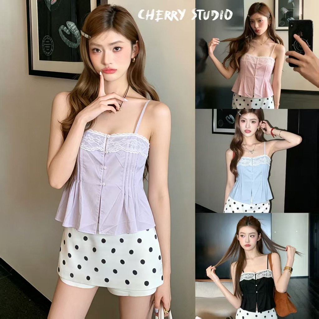 Cherry ✨พร้อมส่ง🍒สายเดี่ยวสไตล์คุณหนู  ลูกไม้ดีเทลหรู เย็บตีเกล็ด ปรับสายได้ หน้าจีบน่ารักเซ็กซี่เสื้อสายเดี๋ยว