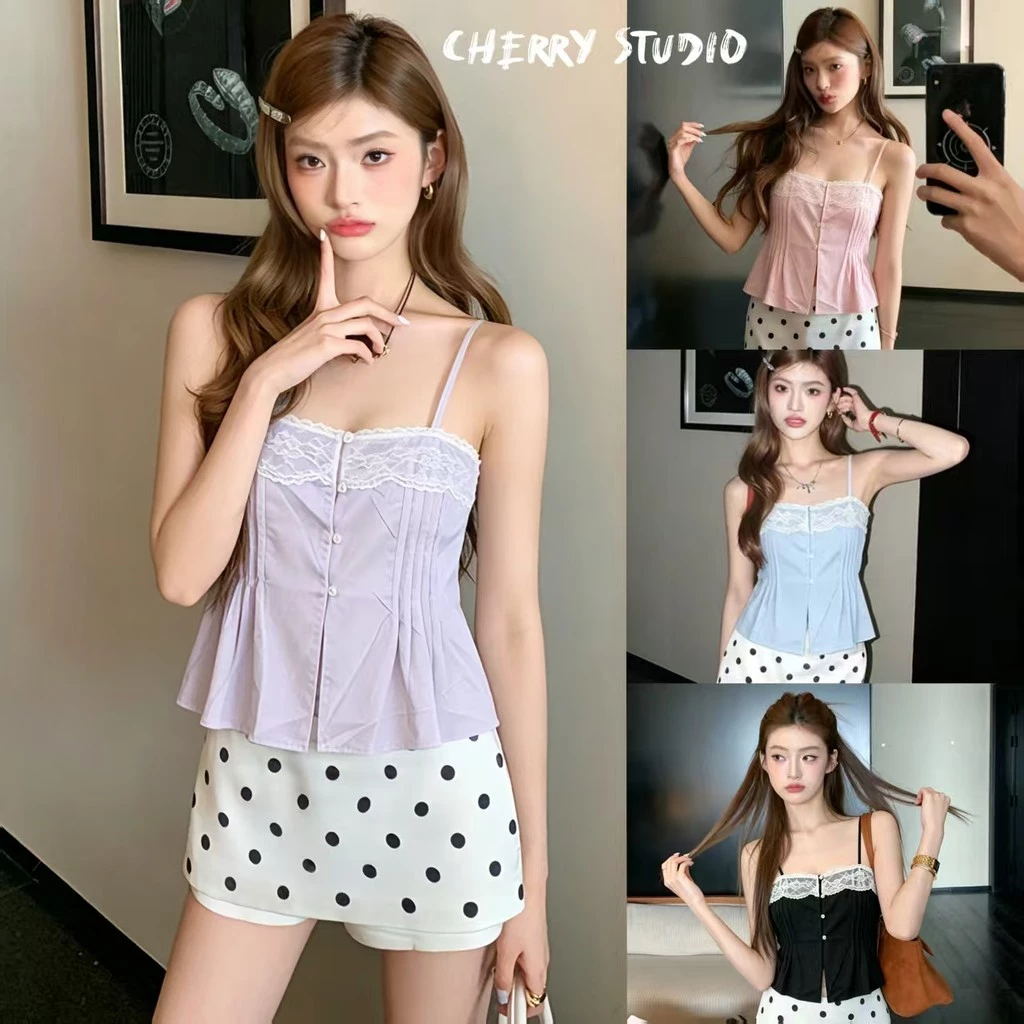 Cherry ✨พร้อมส่ง🍒สายเดี่ยวสไตล์คุณหนู ลูกไม้ดีเทลหรู เย็บตีเกล็ด ปรับสายได้ หน้าจีบน่ารักเซ็กซี่เสื้อสายเดี๋ยว