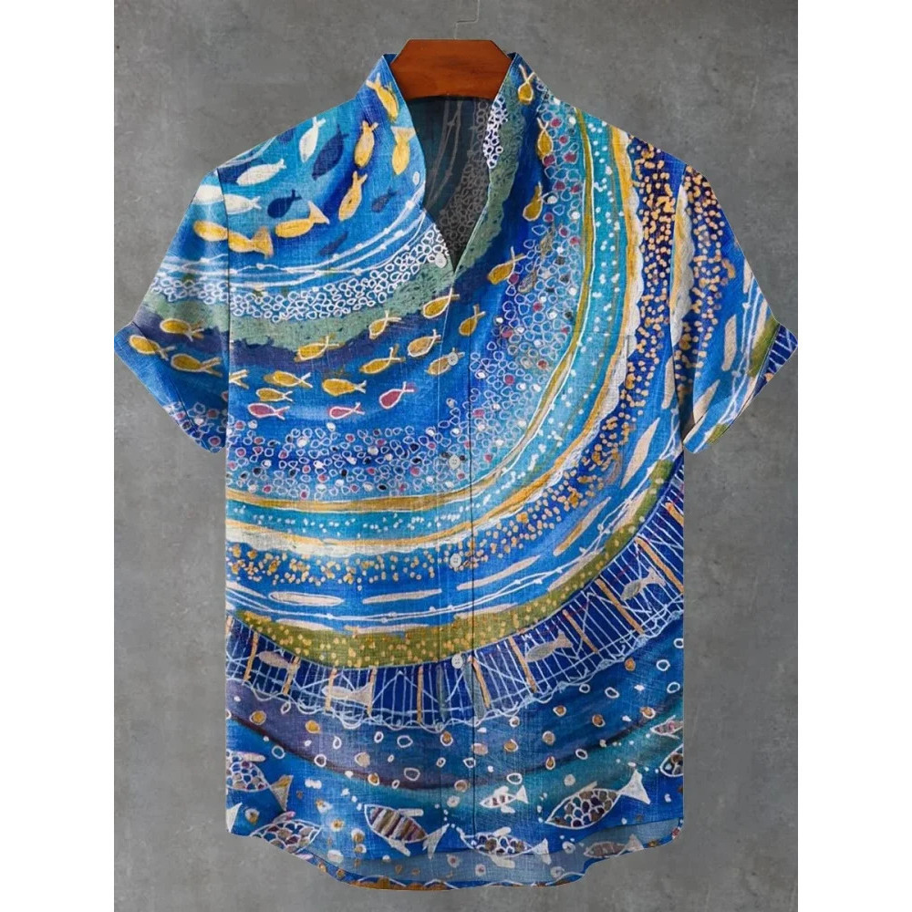 Hawaiian 3D พิมพ์เสื้อลําลองสําหรับบุรุษแฟชั่นคอปกและปุ่มด้านบนสบายและระบายอากาศ FC2S