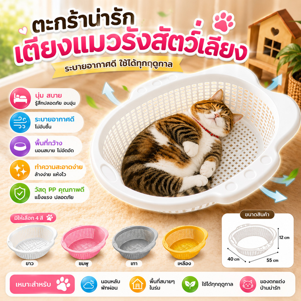 ที่นอนแมว ตะกร้าผัก ที่นอนสัตว์เลี้ยง ระบายอากาศ ทำความสะอาดง่าย สำหรับแมว ใช้ในบ้าน