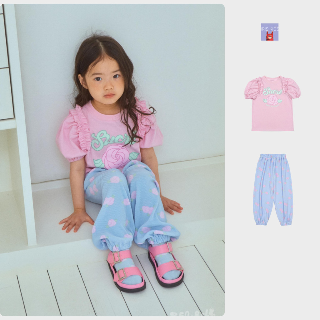 「สินค้าลิขสิทธิ์แท้」IRIS KIDS BEBEBE 26ss IKS260416 Rosy Sky shirt/pants เสื้อผ้าเด็ก เสื้อแขนพอง กางเกงขายาว ลายกุหลาบ