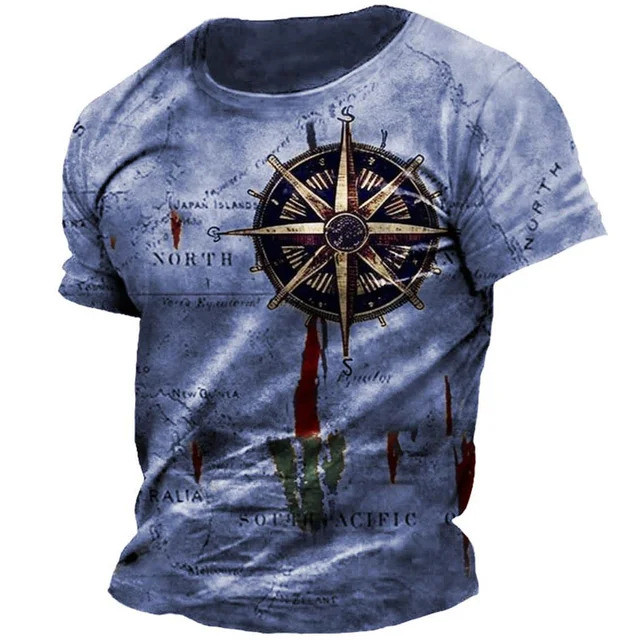 เสื้อยืดวินเทจสำหรับผู้ชาย อเมริกันสไตล์ พิมพ์ลายเข็มทิศ แขนสั้น ใส่สบายทุกวัน สตรีทแวร์