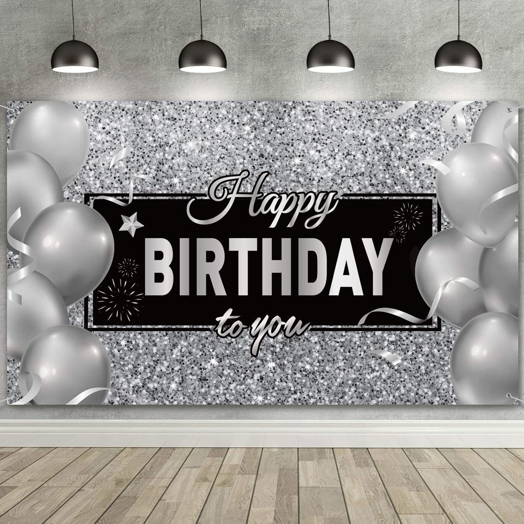 Sumind Black Silver Happy Birthday Banner ฉากหลังตกแต่งสําหรับผู้ชายผู้หญิงวันเกิด Party ตกแต่งอุปกร