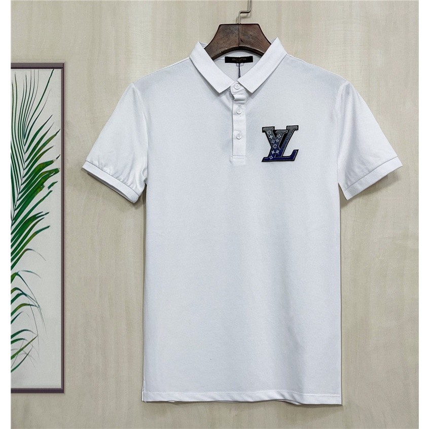 SG2 L0uis Vu1tt 2022 ฤดูใบไม้ผลิและฤดูร้อนใหม่เสื้อโปโลผู้ชายแขนสั้นตัวอักษรไล่ระดับสีเย็บปักถักร้อย