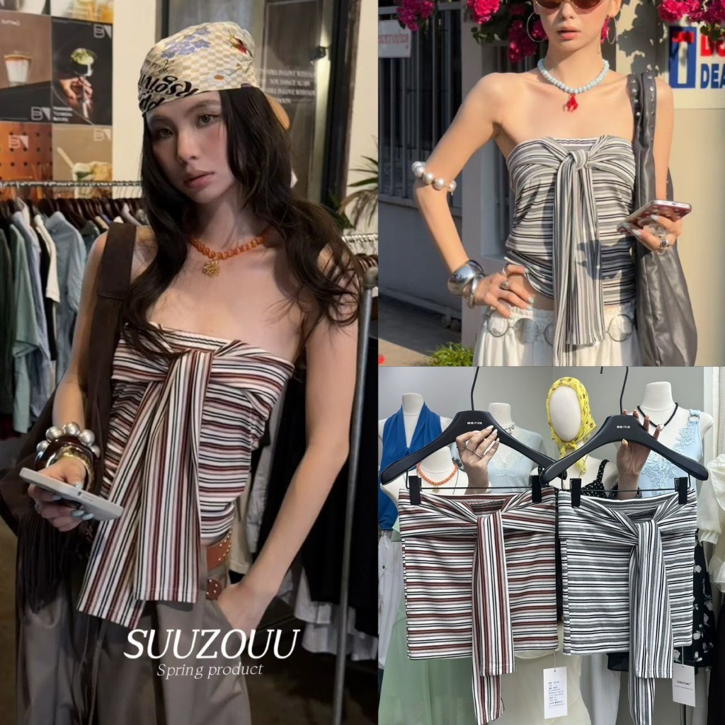 ❤ 🧵 🇰🇷 SU168 เสื้อเกาะอก ลายขวางแต่งสี ผ้ายืด ช่วงอกแต่งผ้า งานสวยเก๋ใส่ง่าย ยืดหยุ่นได้ แฟชั่นเกาหล