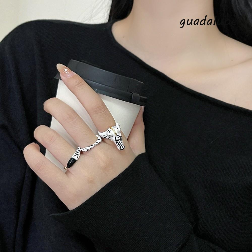 GUADALUPE1 Animal Horse Ring Set, Vintage Pony Horse Cartoon Glaze Ring, Aesthetic Black White Trend