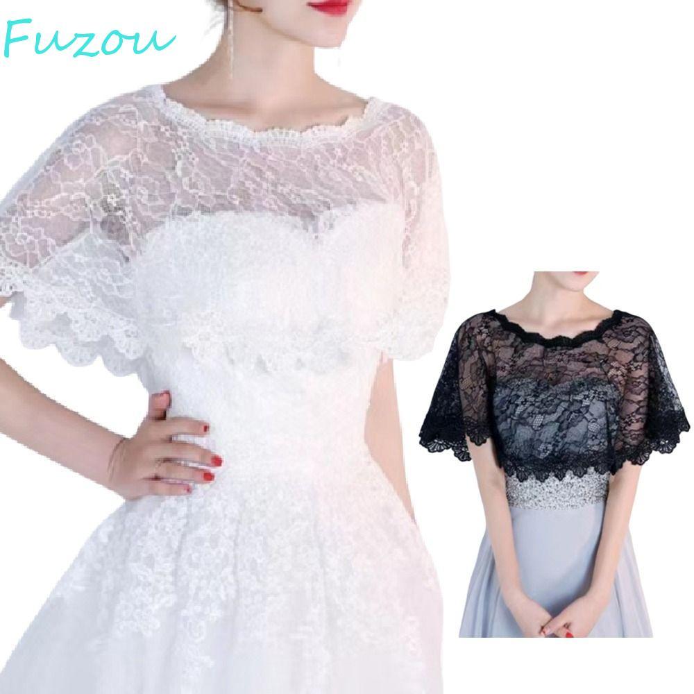 FUZOU เสื้อลูกไม้คลุม, Hollow Out Elegant Lace Shawl Poncho, Sweet Retro Mesh Thin Fake Collar Women