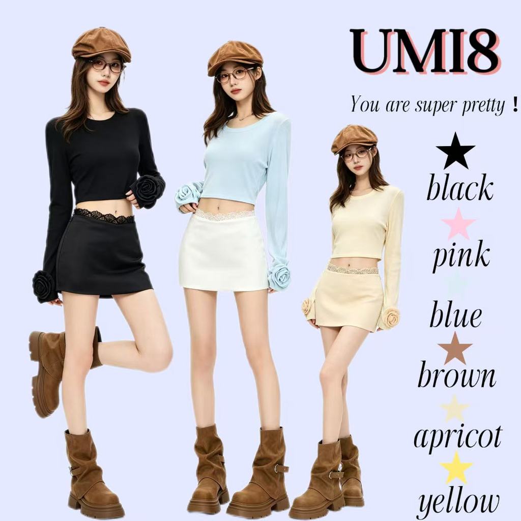 UMI8💝【ในสต็อก】💝 เสื้อยืดแขนยาวสีชมพู ดีไซน์แขนกลีบกุหลาบ ทรงเข้ารูป สวมใส่เป็นชั้นในเพื่อเสริมรูปร่าง