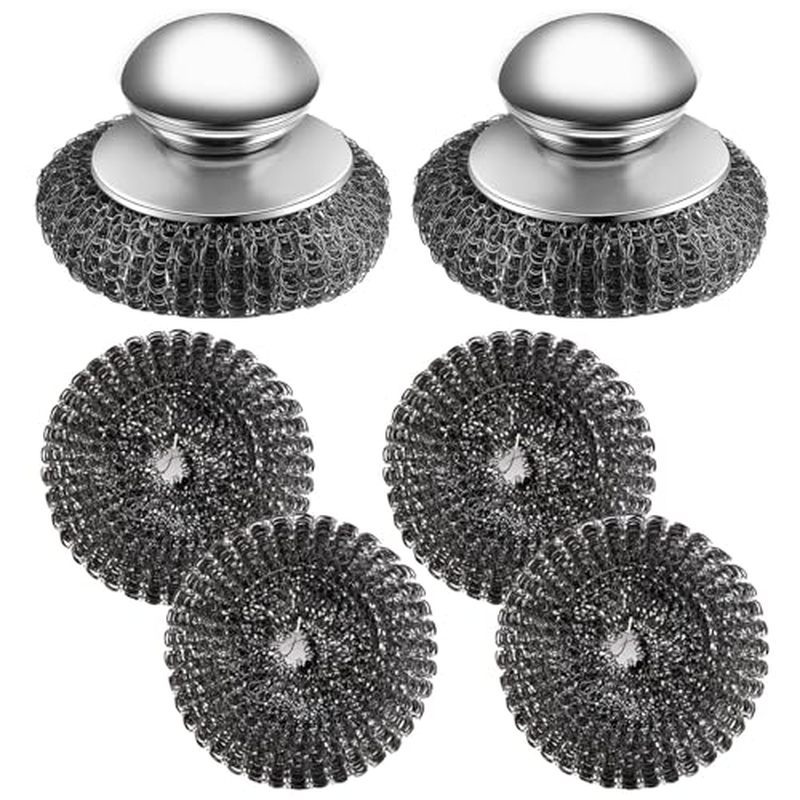 Stainless Steel Wool Scrubber with Handle, 4 Replacement Steel Scrubber Wool Pads，Stainless Steel Sc