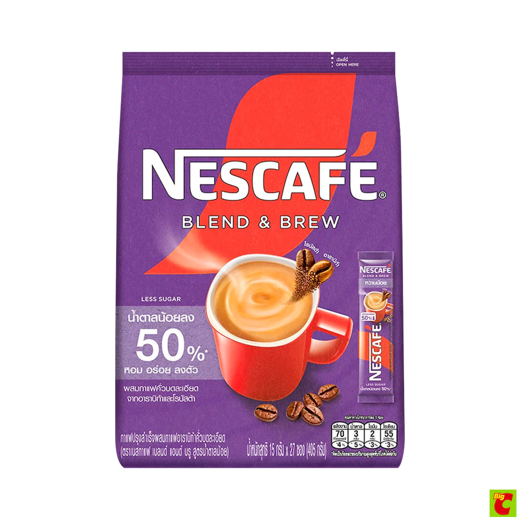 เนสกาแฟ เบลนด์ แอนด์ บรู กาแฟปรุงสำเร็จ สูตรน้ำตาลน้อย 15 ก. แพ็ค 27