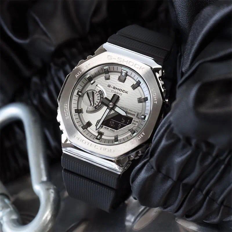 GBM-2100A-8B silvery STAINLESS STEEL BEZEL WATCH AUTO LIGHT FUNCTION G-STEEL กีฬาเรซิ่นสายนาฬิกาโลหะ