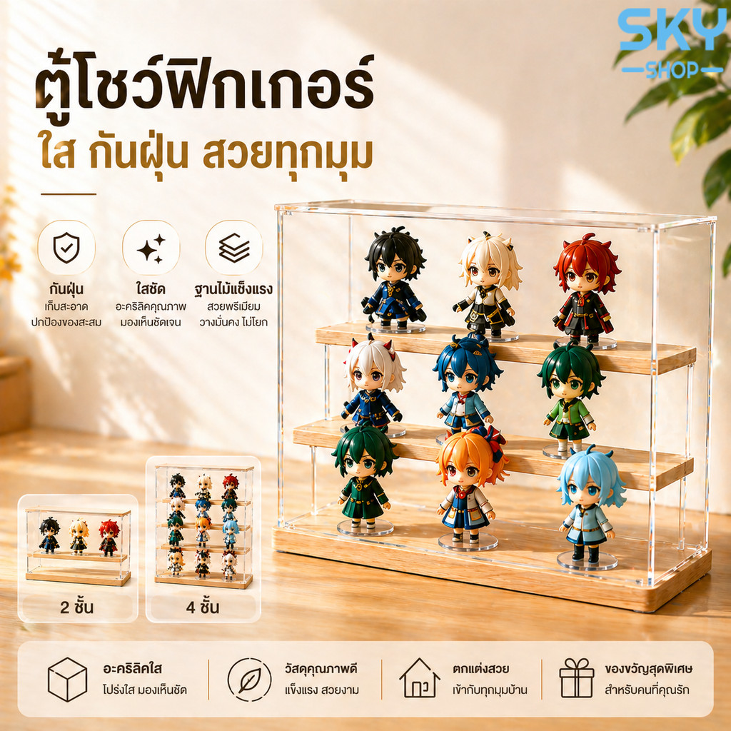 SKY ตู้โชว์ฟิกเกอร์ กันฝุ่น ใสชัด ฐานไม้ มี 2/3/4 ชั้น กล่องใส่โมเดล ตู้โชว์ตุ๊กตา กล่องอะคริลิค Model Showcase