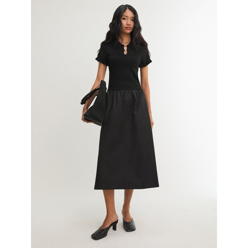 [Pomelo] เดรสยาวคอปกแต่งระบายแขน / Collared Ruffle Sleeve Midi Dress