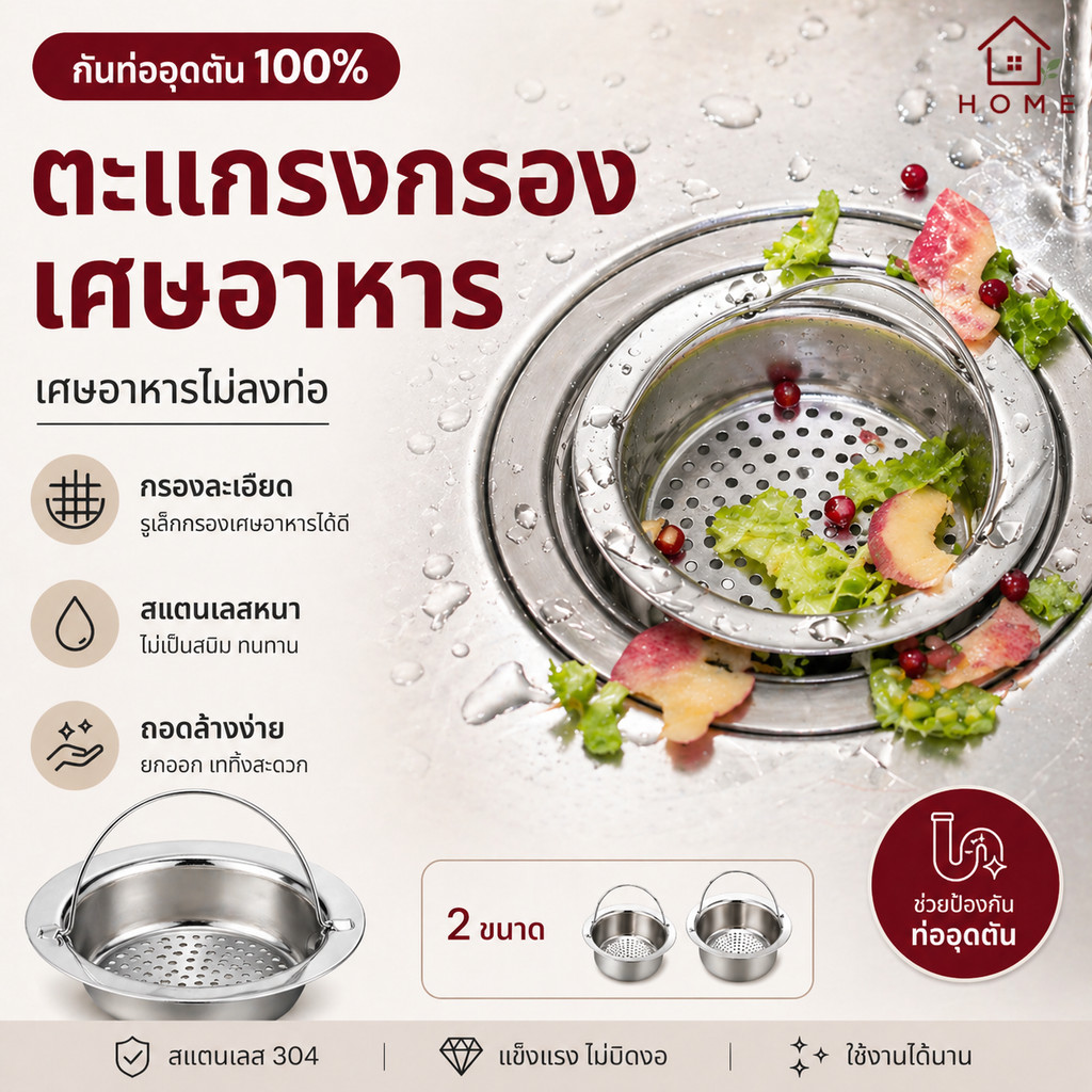 Home007 ตะแกรงกรองเศษอาหาร ที่กรองเศษอาหาร สแตนเลส มี 2 ขนาด มีหูหิ้ว สะดืออ่าง สำหรับซิงค์ล้างจาน กรองปากท่อ