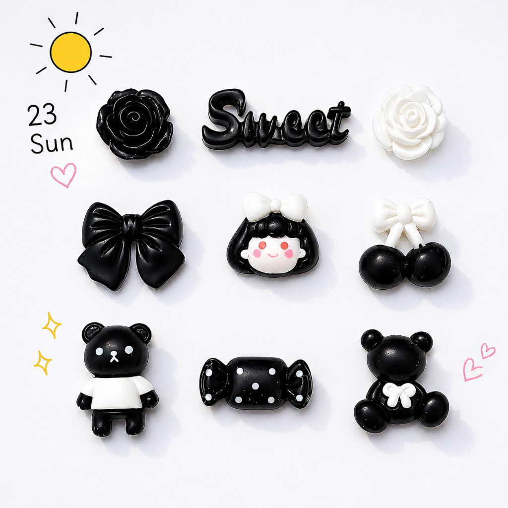 [EXCLUSIVE CHARM] Noir Sweet Bear Charm Set สีดําและสีขาวคุณภาพสูงสไตล์เกาหลีรองเท้าแตะตกแต่งสุดน่าร