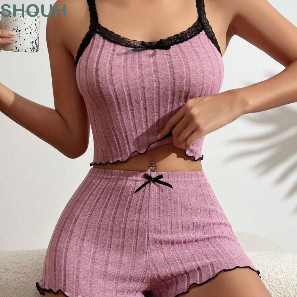 SHOUH 2 ชิ้นผู้หญิง Ribbed ถักชุดนอนชุด,นุ่มลูกไม้ Trim Lettuce Hem กางเกงขาสั้น, น่ารัก Bow Cami Cr