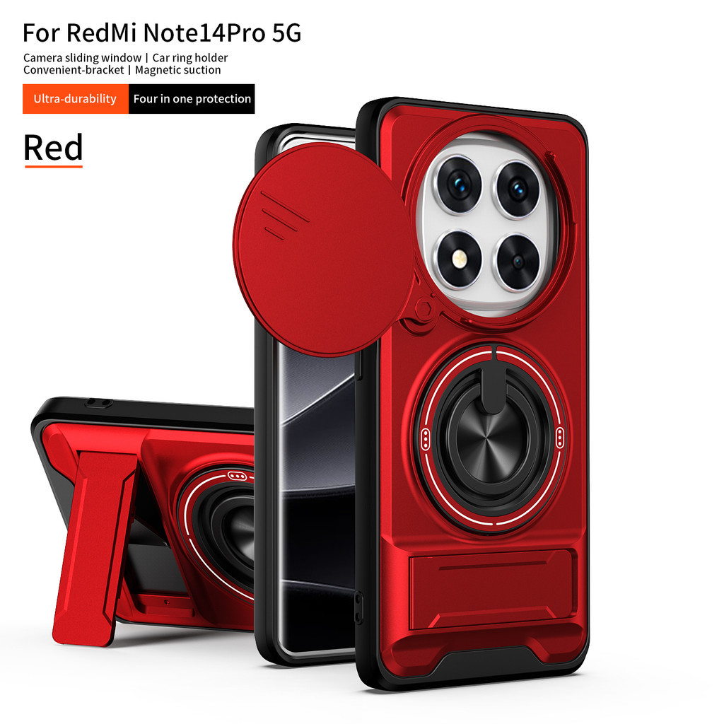 เหมาะสําหรับ Redmi หมายเหตุ 14 Pro 4G 5G 360 ขาตั้งแหวนเคสโทรศัพท์พร้อมปลอกกล้องแม่เหล็กติดรถยนต์กันกระแทกฝาครอบป้องกันเต็มรูปแบบ