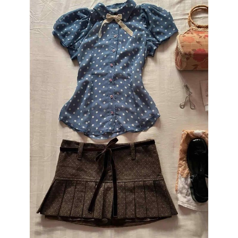 Hot Girl Blue y2k Style vintage Ancient Design Short-Sleeved Korean Top Summer Shirt F3B1