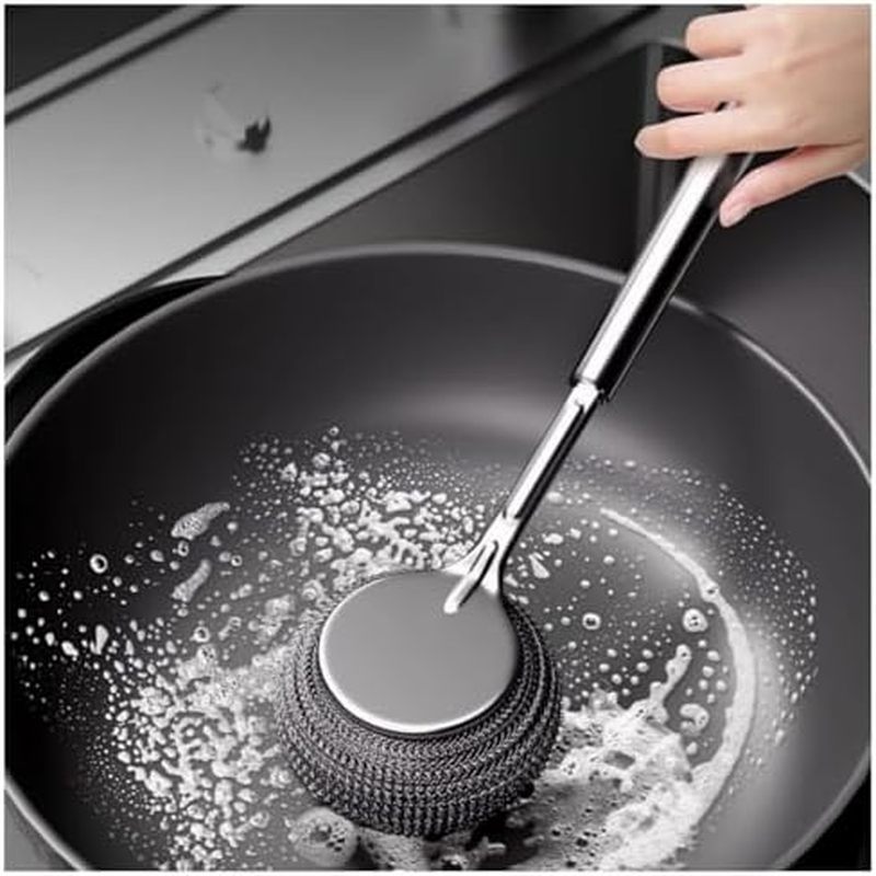Upgraded Version, Long Handled Steel Wire Ball Pot Brush, Equipped with 2 Replacement Brush Heads. M