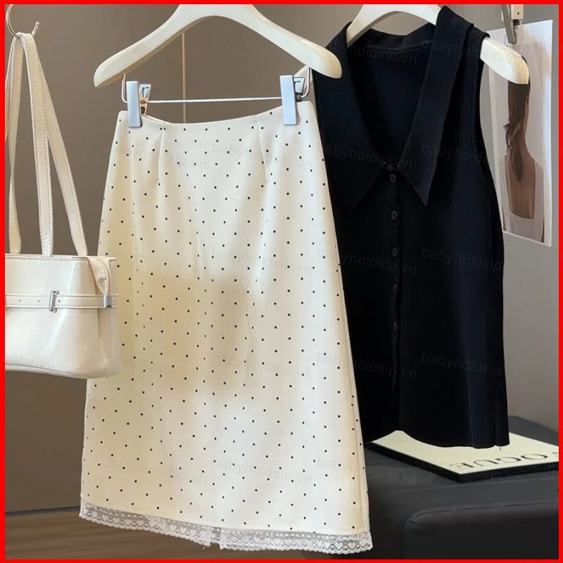 BS1 2026 ฤดูร้อนใหม่ Polka Dot กระโปรงลูกไม้ Splicing A-line Slim Hip Wrap Elegant Midi กระโปรง SB1