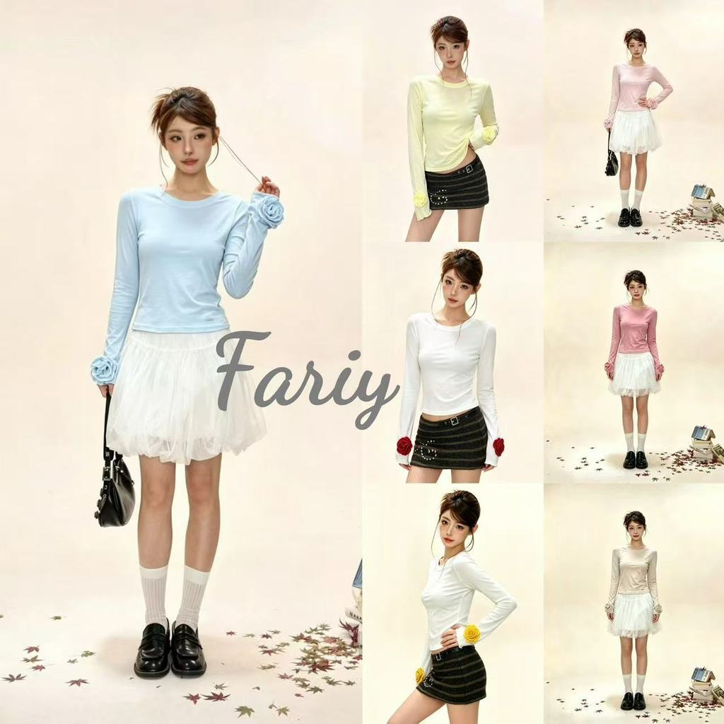Fariy🍒คลังสินค้าพร้อม🍒 เสื้อยืดแขนยาวคอกลมลายกุหลาบ 3 มิติ สไตล์เกาหลีใหม่ล่าสุดสำหรับฤดูร้อนปี 2026 (INS Style) สำหรับผู้หญิง