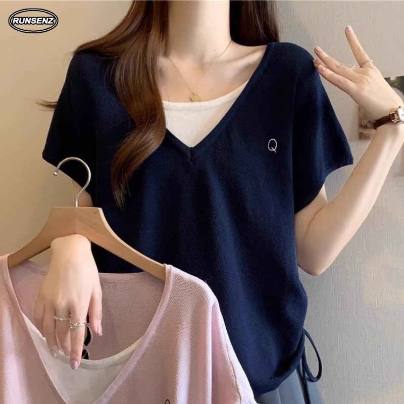 M-4XL Drawstring V คอ Plus ขนาดเสื้อยืดแขนสั้นผู้หญิงปลอมสองชิ้น Casual Top