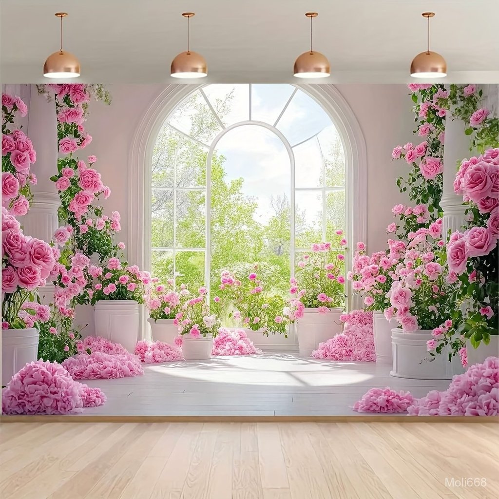 ฉากหลังถ่ายภาพ 2D ลายดอกกุหลาบสีชมพูสวยงาม 1 ชิ้น พร้อมกุหลาบสีสดใสและต้นไม้เขียวชอุ่ม เหมาะสำหรับห้องนั่งเล่น ห้องนอน ส