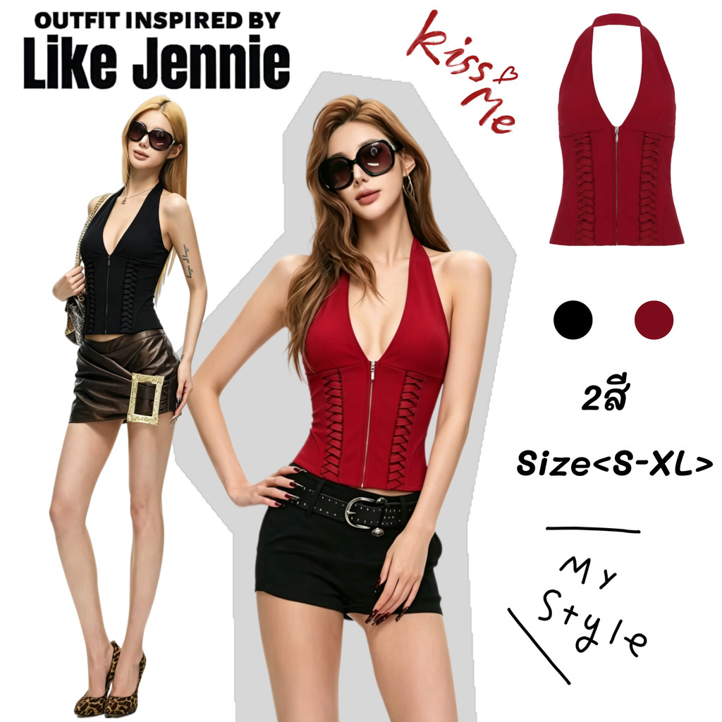 พร้อมส่ง🎀เสื้อคอร์เซ็ตสีแดงรุ่นJennieสายคล้องคอแบบฮัลเตอร์โครงกระดูกปลารัดรูปเซ็กซี่เน้นเอวมีซิปหน้าเหมาะใส่ไปคอนเสิร์ต