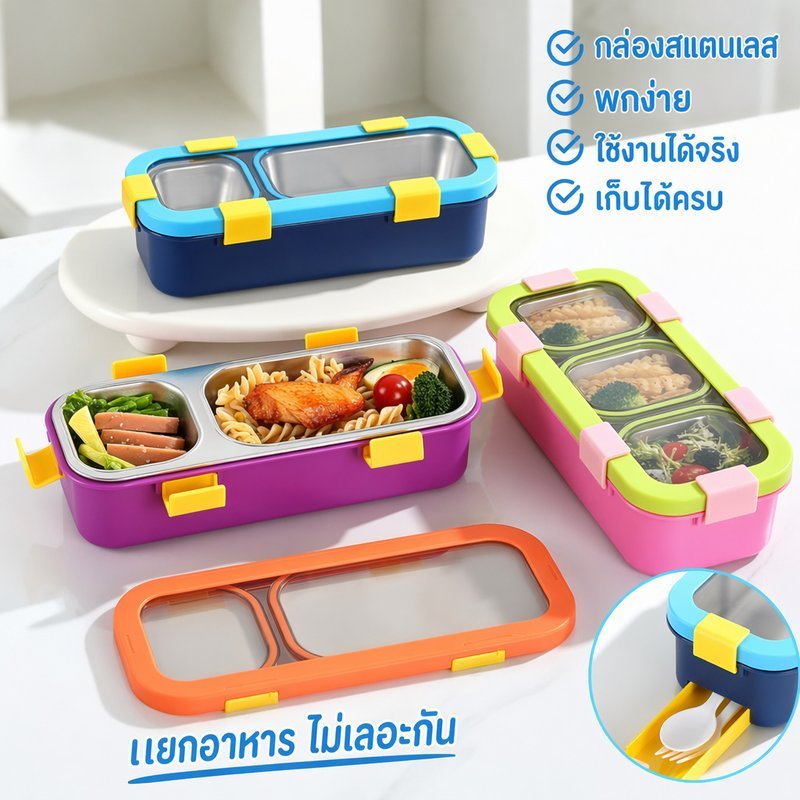 ปิ่นโตสแตนเลส กล่องข้าว 304 แบ่งช่อง 3 ช่อง กันรั่ว ถอดได้ อุ่นน้ำร้อน พกพา นักเรียน ออฟฟิศ