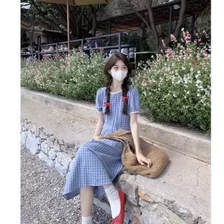 STYLE#เดรสแขนสั้นสีฟ้าลายตาราง หญิง สไตล์เรโทร แขนพอง ผูกเอว ทรงหลวมเกาหลี ใช้ได้หลายโอกาส เหมาะหน้าร้อน#99399