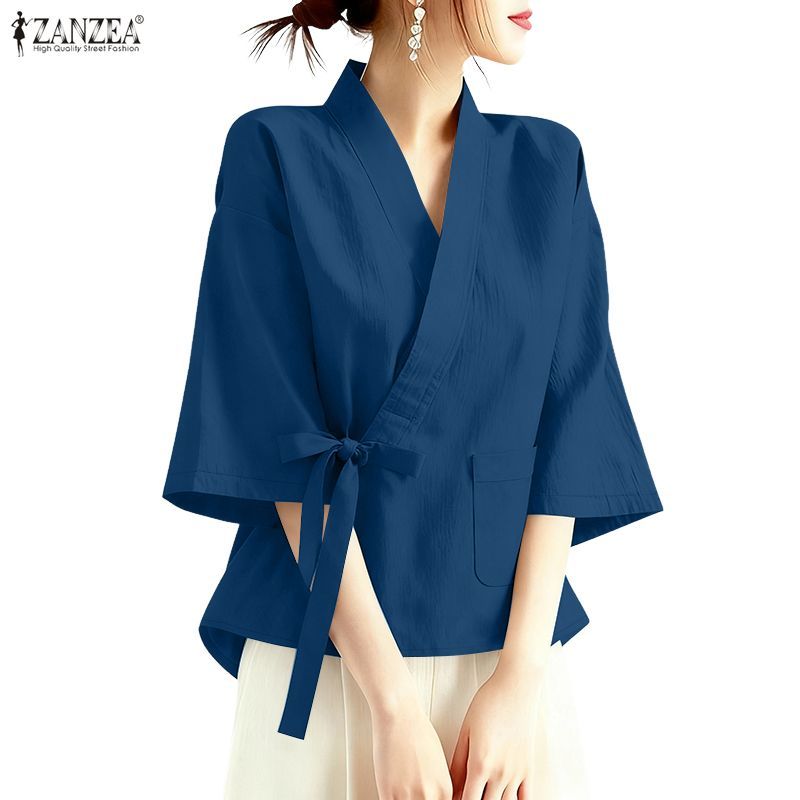 ZANZEA ซานเซีย ผู้หญิงแฟชั่นเกาหลีครอสโอเวอร์คอวีผูกสามไตรมาสแขนใหม่เสื้อกิโมโนจีน