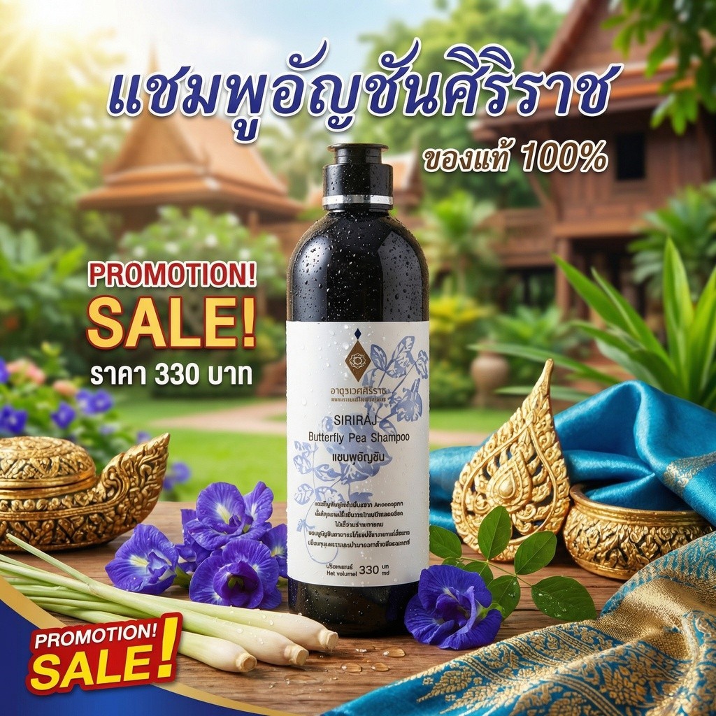 แชมพูอัญชัน SIRIRAJ สูตรสมุนไพร ลดผมขาดหลุดร่วง ผมนุ่มลื่น 330ml