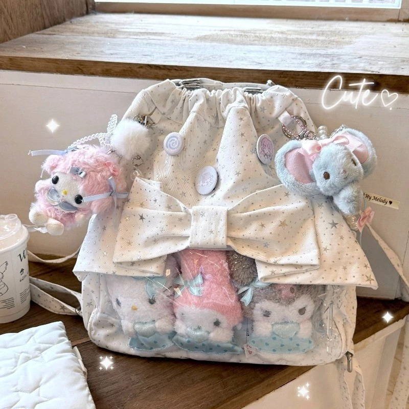 Ita Bag กระเป๋าสะพายคู่ Drawstring (ไม่รวมตุ๊กตา) กระเป๋าอวดเมน โบว์สามมิติ พิมพ์ดาว ความจุสูง กระเป๋าสะพายไหล่น่ารัก
