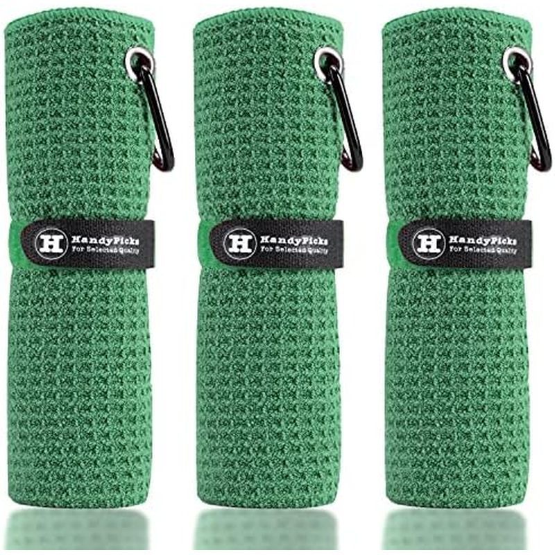 Handy Picks Microfiber Golf Towel (16" X 16") with Carabiner Clip, Waffle Pattern Golf Towel Hook an