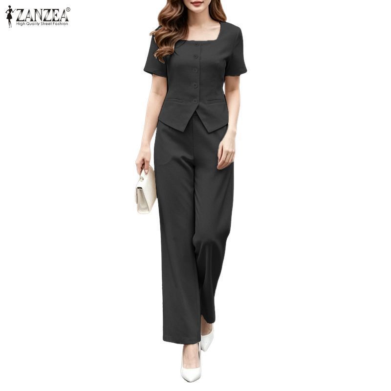 ZANZEA ชุดสองชิ้นสำหรับผู้หญิง สไตล์เกาหลี พร้อมเสื้อสเวตเตอร์แขนสั้นและกางเกงขากว้าง — صورة 4
