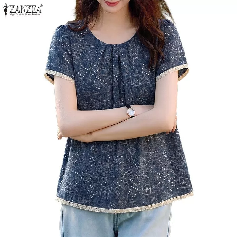 ZANZEA เสื้อเบลาส์คอกลมแขนสั้น สไตล์เกาหลี สำหรับใส่ทุกวัน