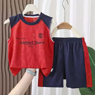MooDeng Baby ชุดกีฬาเด็ก แขนกุด + กางเกงขาสั้น ผ้าตาข่ายระบายอากศดี แห้งเร็ว เด็กชาย ขาสั้น ยางยืด
