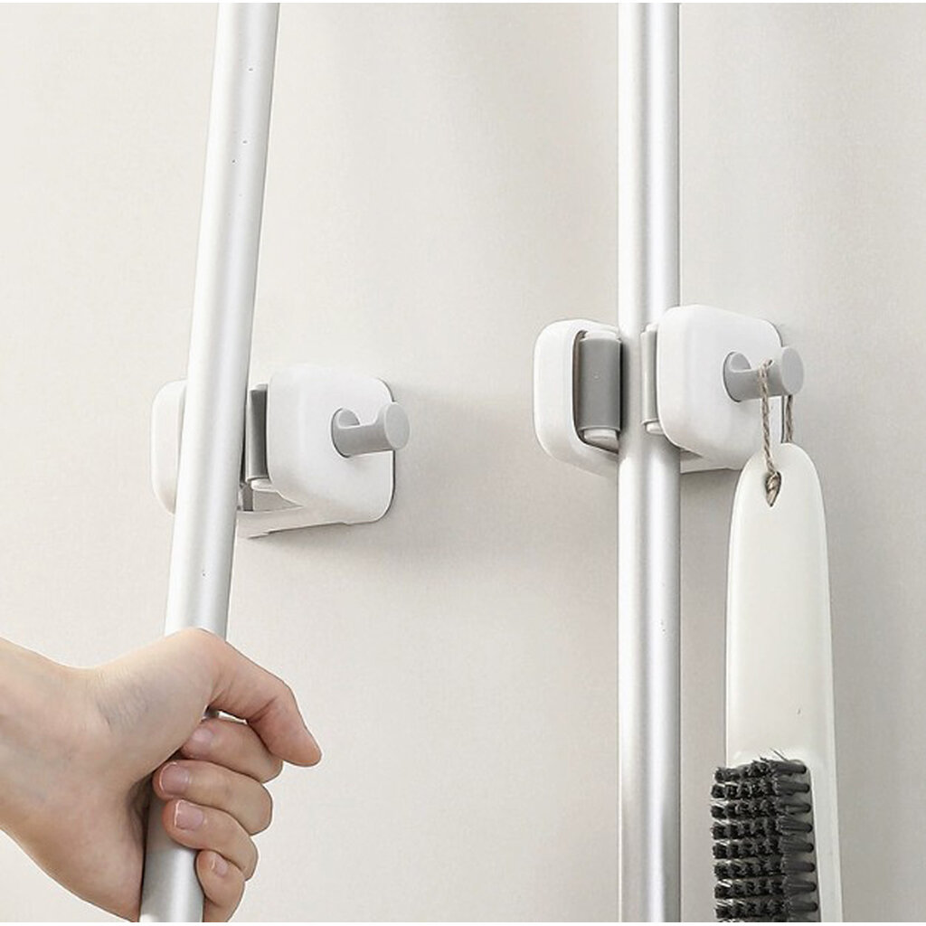 Omocha | ที่แขวนไม้กวาด ไม้ถูพื้น พร้อมตะขอ Mop Holder / Mop Clip with Hook ติดผนัง ไม่ต้องเจาะ ประหยัดพื้นที่
