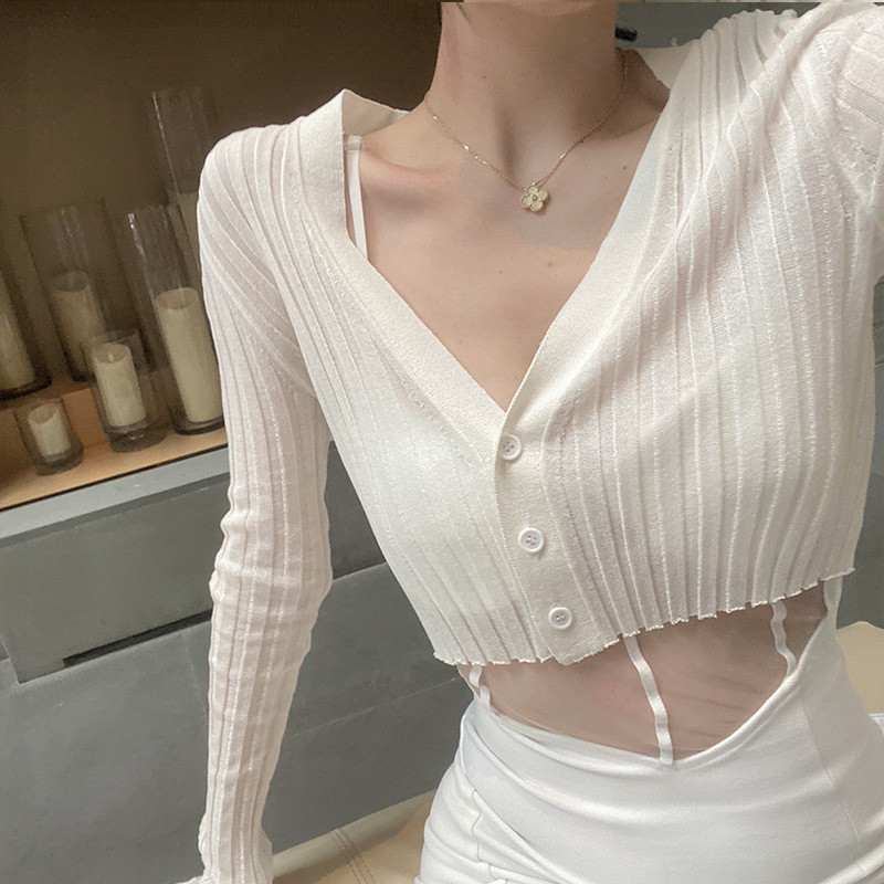 เสื้อ Cardigan ไหม Ice Silk สีขาว ทรง Crop Short กันแดด UV บางเบาเย็น สไตล์ French Minimal