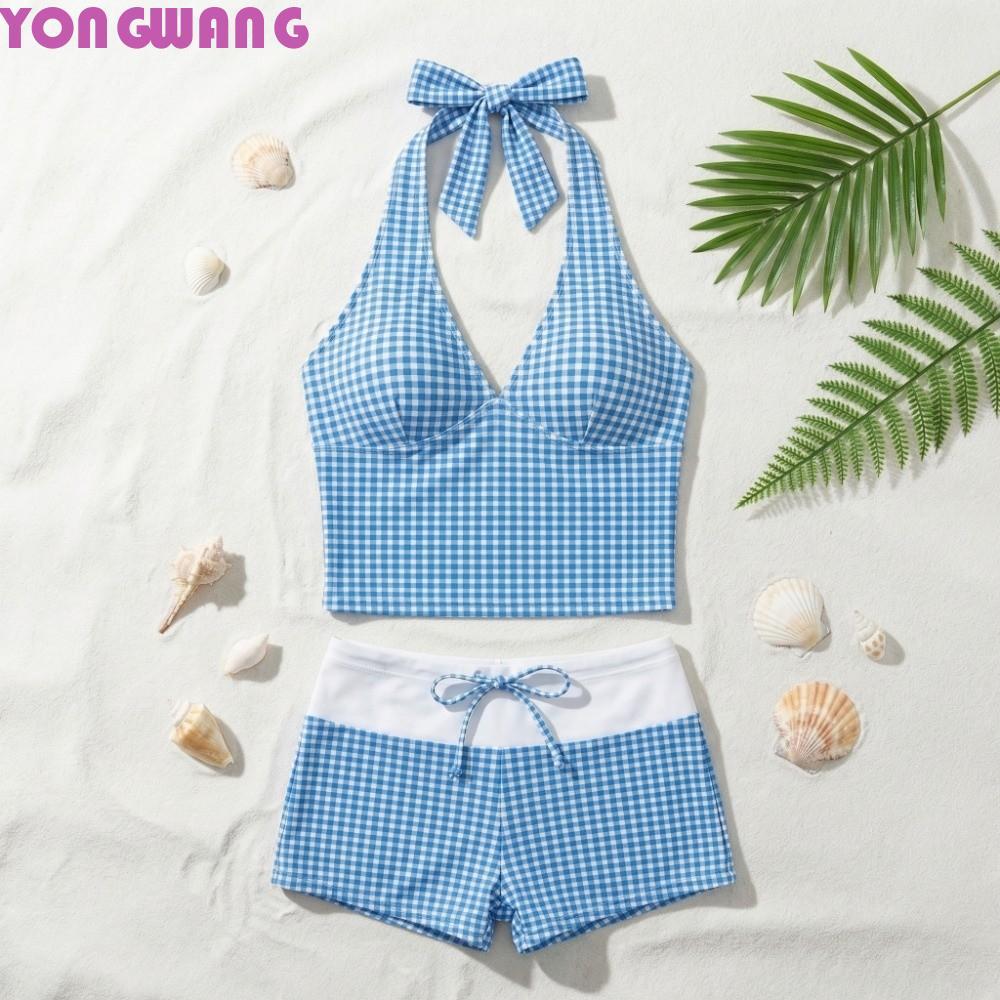 YONGWANG66HR ชุดบิกินี่สองชิ้น, Halter คอสลิง Y2k ลายชุดว่ายน้ํา, Casual V คอ Slim Fit ฤดูร้อนลายสก๊