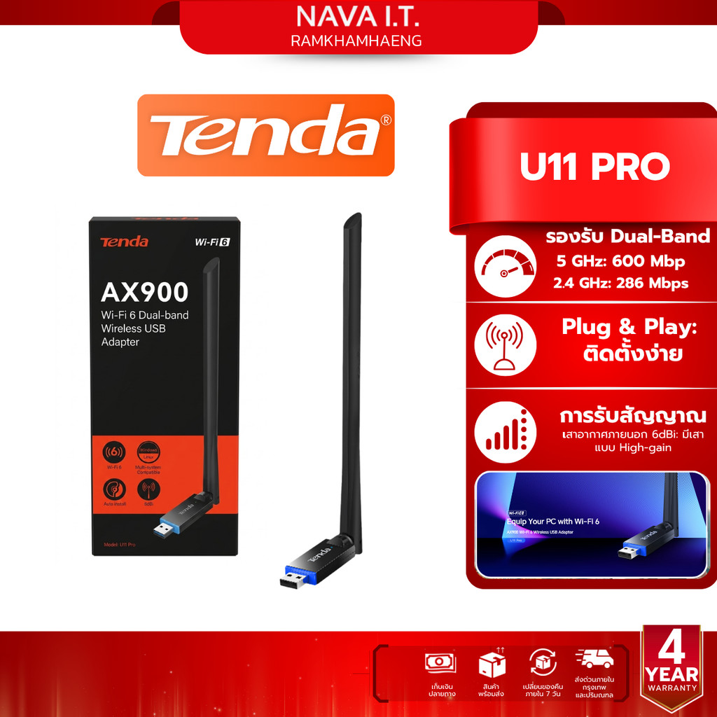 Tenda U11 Pro รับสัญญาณ USB WiFi 6 Adapter AX900 Card Dual Band 6dBi Antenna รับประกัน 4 ปี