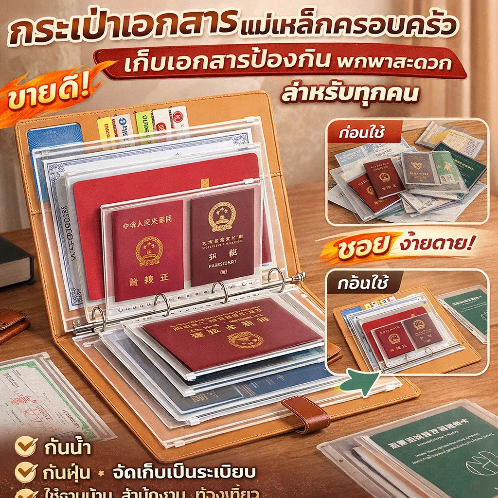 🏠หัวใจของบ้าน📁มาแรง สมุดใส่เอกสารแม่เหล็ก/ที่เก็บเอกสารทั้งครอบครัว/กระเป๋าพาสปอร์ต แม่เหล็กแรงสูง จัดระเบียบเอกสาร