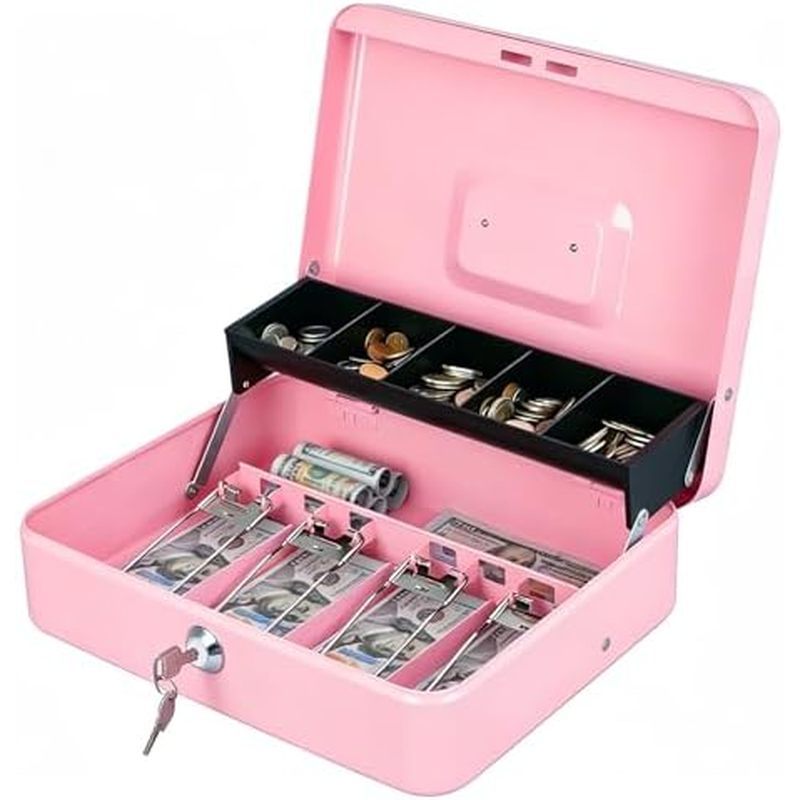 ck, Money Box with Cash Tray, Lock Safe Box with Key, Money Saving Organizer,11.81Lx 9.45Wx 3.54H In