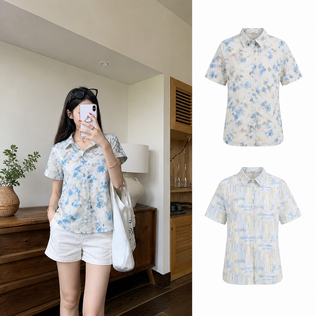 เสื้อเชิ้ตสงกรานต์ ลายดอก คอปก แขนสั้น ผ้านุ่ม ใส่สบาย ระบายอากาศดี เล่นน้ำได้ S-2XL t0001#
