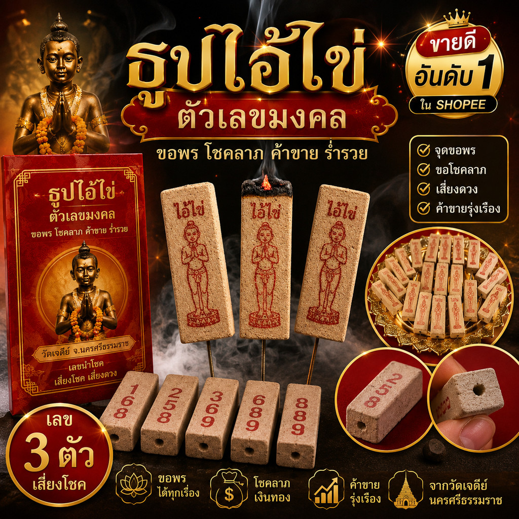 ธูปตัวเลข ไอ้ไข่ (เลข 3 ตัว) ขอโชคลาภ 3 ตัวตรง