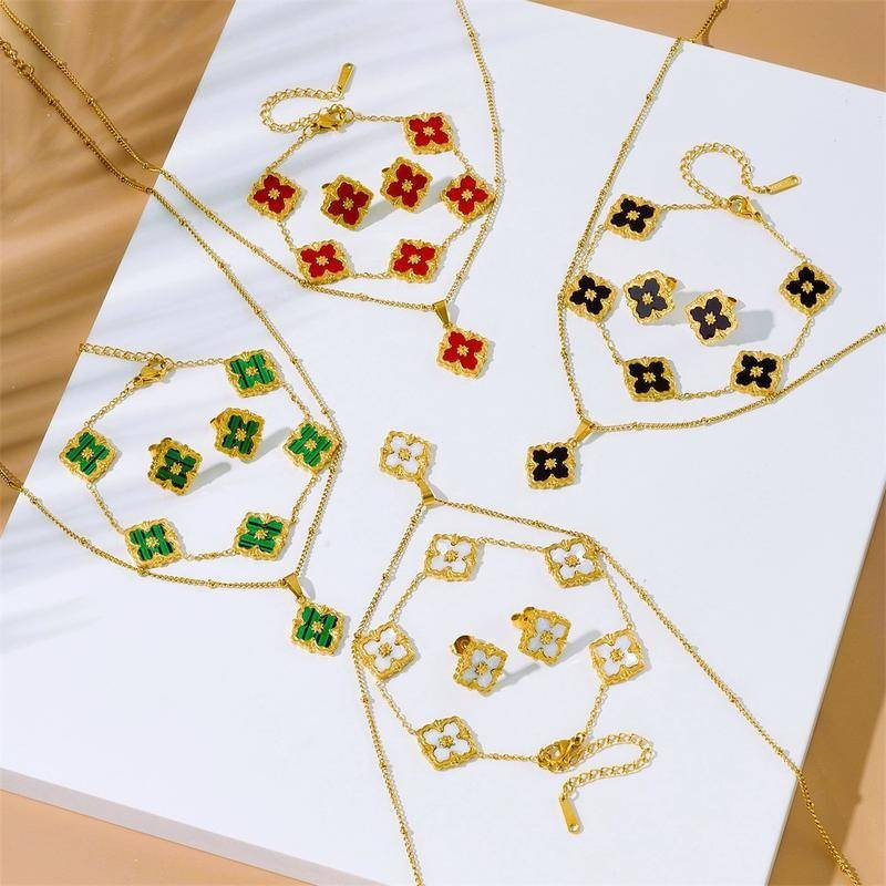 COD2026 สไตล์ใหม่ 18K Gold VCA Bracelet Four-leaf Clover Necklace สําหรับผู้หญิง 3 in one Set