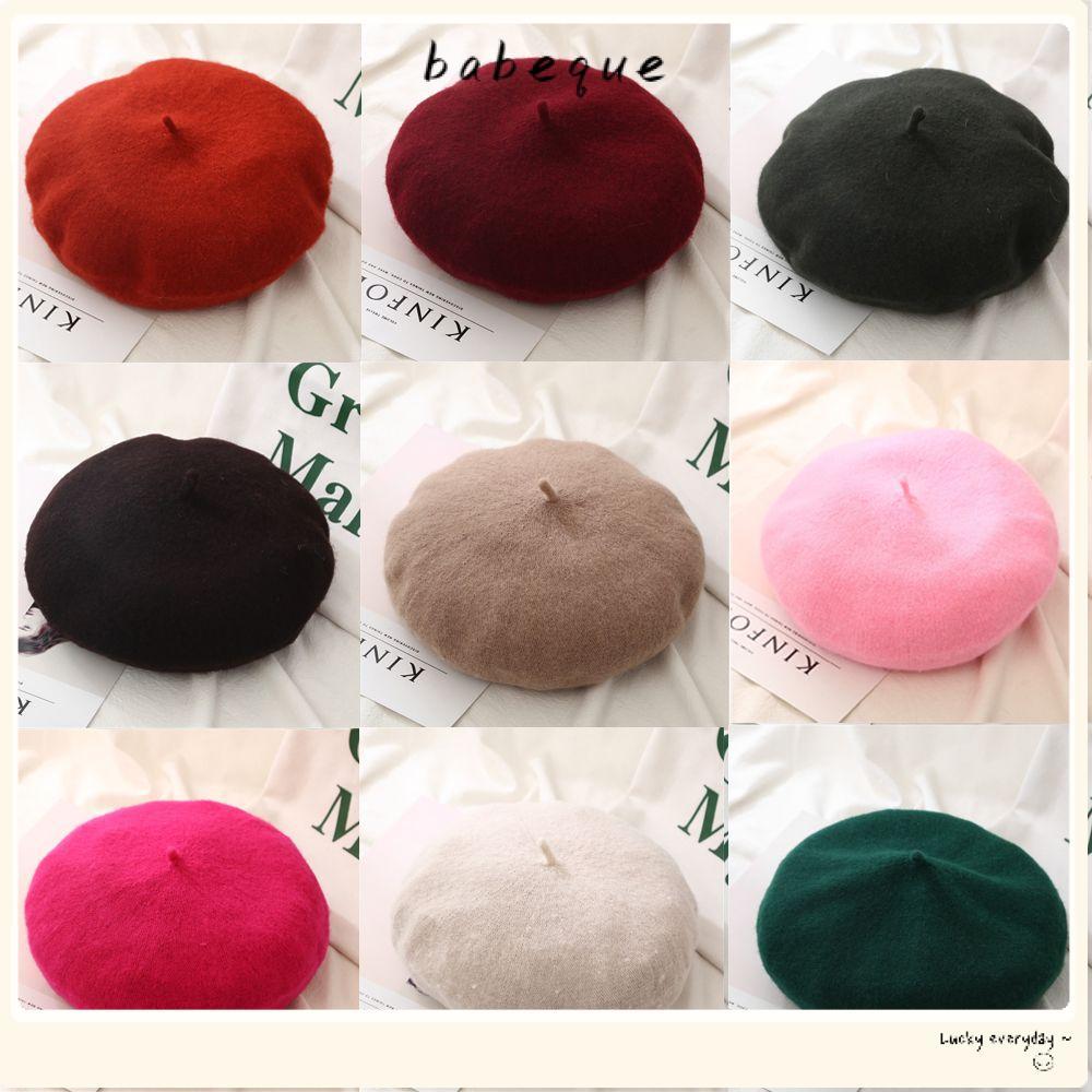 Babeque หมวกขนสัตว์ Beret สีทึบ Baggy ฤดูหนาว Warm Felt Berets