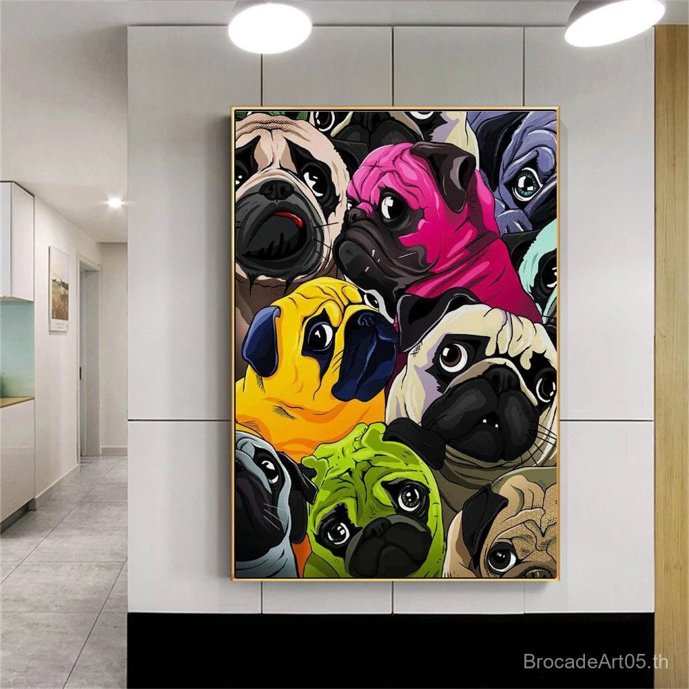 น่ารัก Pugs Graffiti Art สัตว์สีน้ําพิมพ์ผ้าใบ Wall Art สุนัขภาพวาดตกแต่งสําหรับห้องนั่งเล่น Cuadros